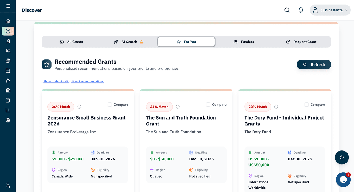 AI-powered grant matching interface showing personalized recommendations